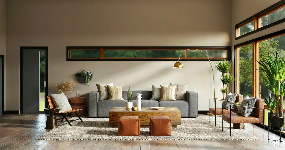 Sala amplia y luminosa con sofá claro, madera y lámpara de pie