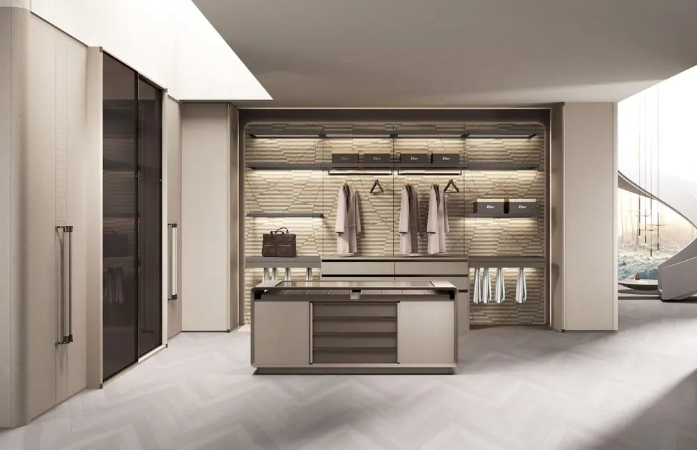 Ambiente de closet tipo vestidor con isla central
